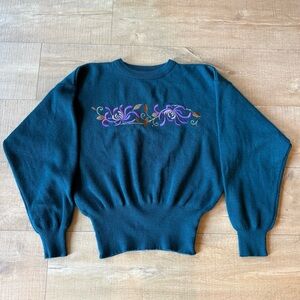 VTG Meister Ski Sweater deep green with Purple Floral embroidery wool blend sz L